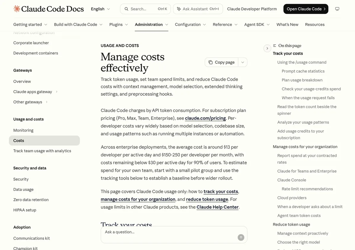 Claude Code docs, Manage costs effectively, captured October 19, 2026: across enterprise deployments the average cost is around 13 dollars per developer per active day and 150 to 250 dollars per developer per month, with costs below 30 dollars per active day for 90 percent of users