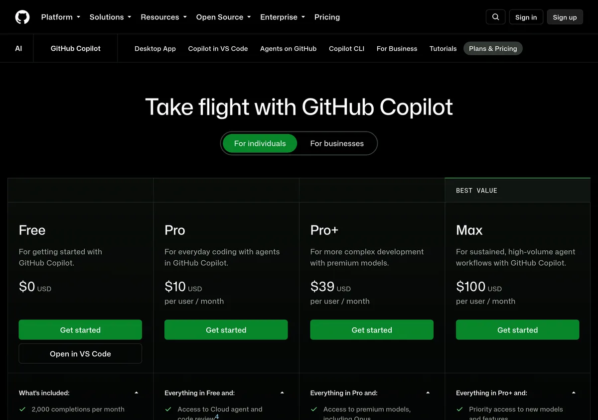 GitHub Copilot plans page, individual tab, captured October 19, 2026: Free at 0 dollars, Pro at 10 dollars, Pro+ at 39 dollars and Max at 100 dollars per user per month, each with a Get started button