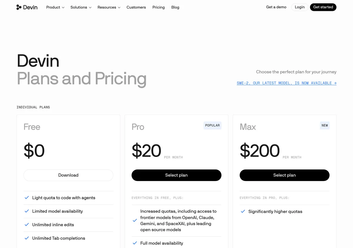 Devin plans and pricing page, captured October 19, 2026: Free at 0 dollars with unlimited Tab completions, Pro at 20 dollars per month with frontier models from OpenAI, Claude, Gemini and SpaceXAI, Max at 200 dollars per month