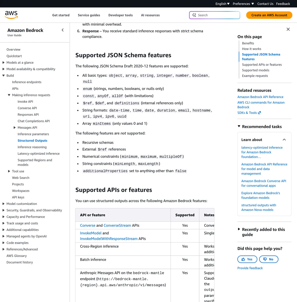 Amazon Bedrock docs listing supported and unsupported JSON Schema Draft 2020-12 features for structured outputs, including the additionalProperties:false requirement and unsupported recursive schemas