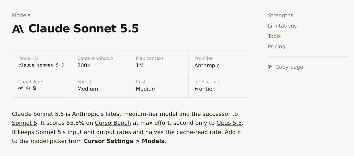 Cursor's model docs page for claude-sonnet-5-5: 200k default context window, 1M max context, Anthropic provider, Frontier intelligence tier