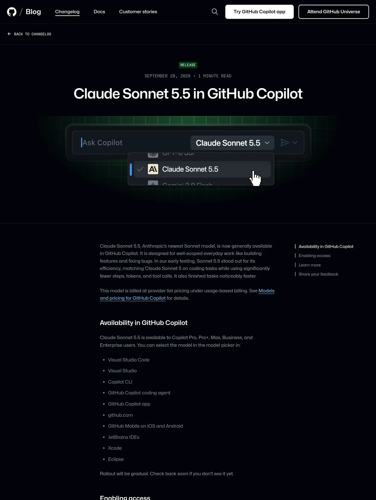 GitHub changelog: Claude Sonnet 5.5 generally available in GitHub Copilot, billed at provider list pricing under usage-based billing
