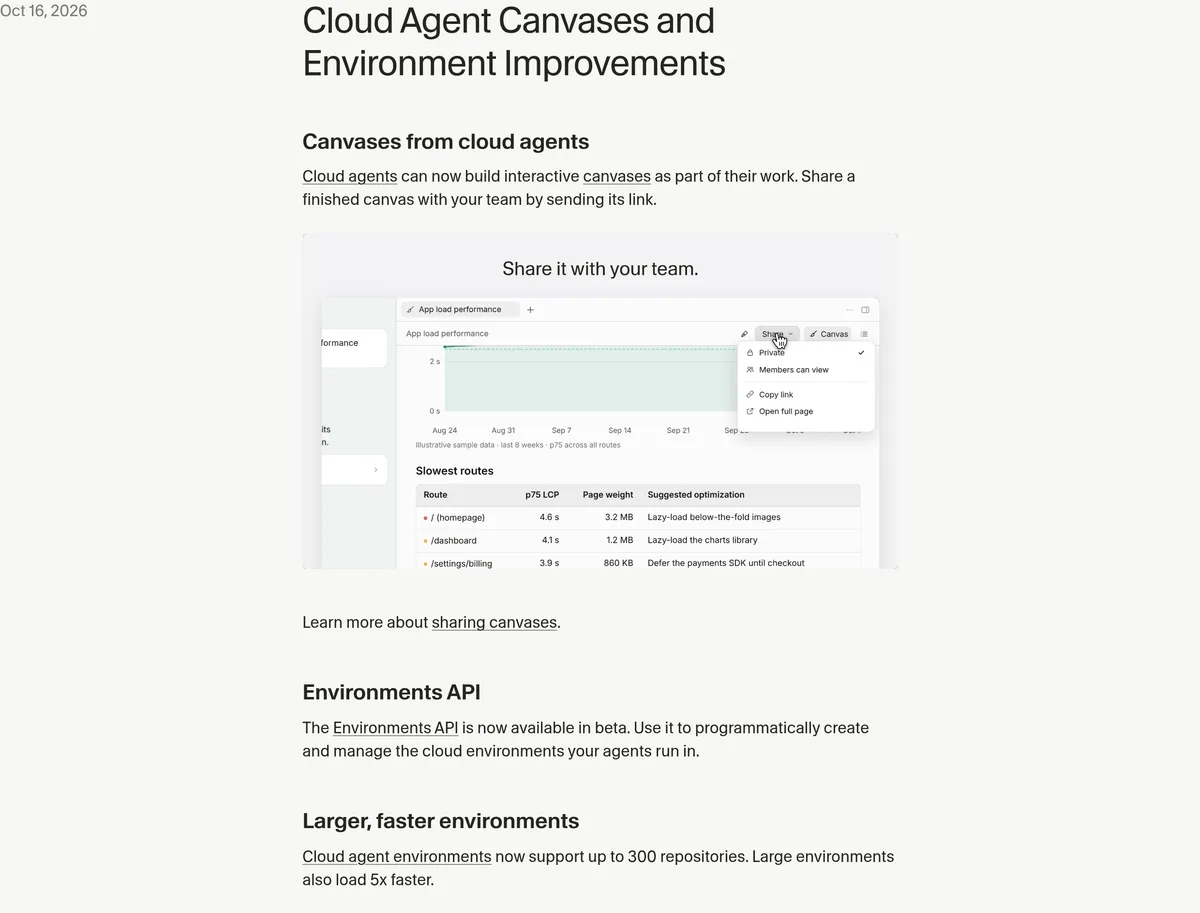 Cursor changelog entry dated October 16, 2026: cloud agent canvases, a beta Environments API, and environments that support up to 300 repositories and load 5x faster