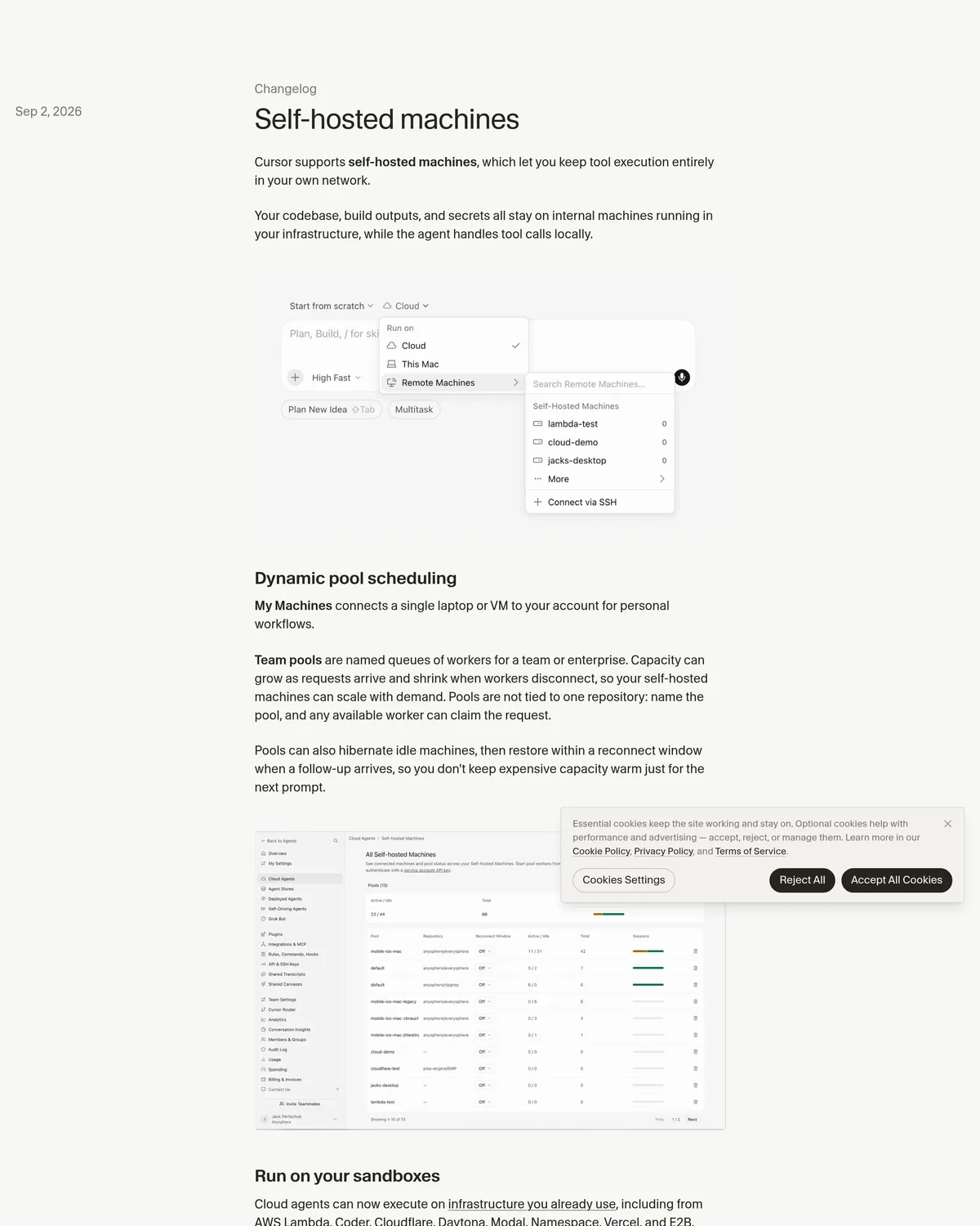 Cursor changelog entry for self-hosted machines: My Machines and Team Pools, supported providers AWS Lambda, Coder, Cloudflare, Daytona, Modal, Namespace, Vercel, E2B