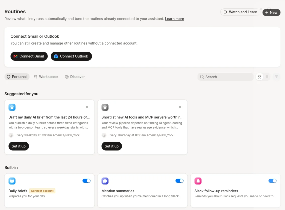 Lindy Routines page: Connect Gmail or Outlook prompt, two 'Suggested for you' routines with 'Set it up' buttons scheduled every weekday at 7:00 AM and every Thursday at 8:00 AM America/New_York, and built-in routines for daily briefs, mention summaries and Slack follow-up reminders.
