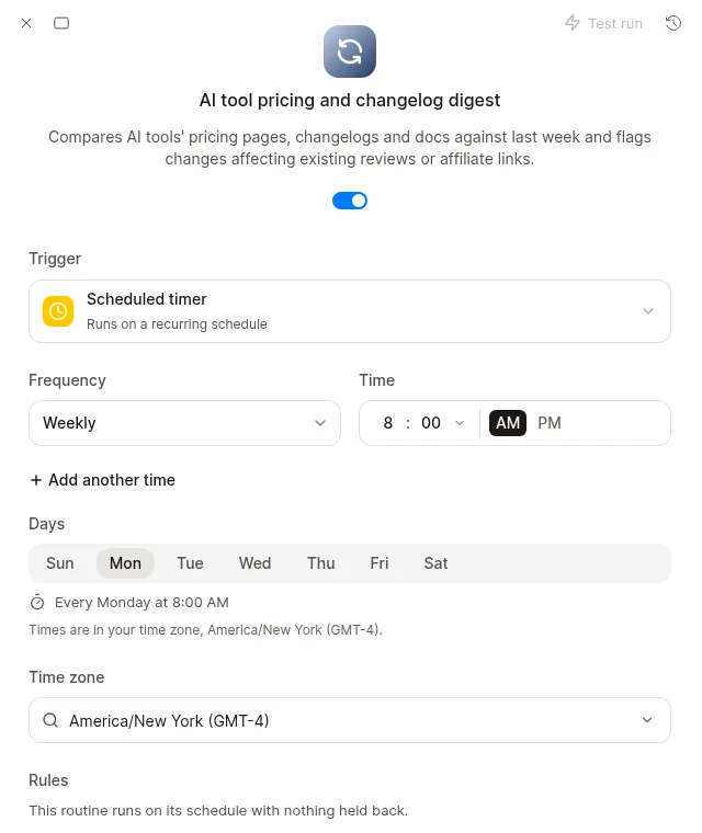 Lindy routine panel for AI tool pricing and changelog digest: Scheduled timer trigger, Weekly frequency, 8:00 AM, Monday selected, Every Monday at 8:00 AM, time zone America/New York.
