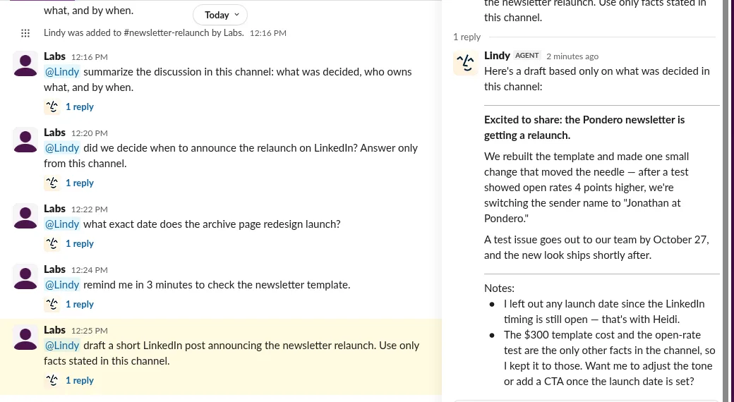 Five @Lindy requests in #newsletter-relaunch, each with one reply, and the LinkedIn draft open in the thread panel with Lindy's note "I left out any launch date since the LinkedIn timing is still open".
