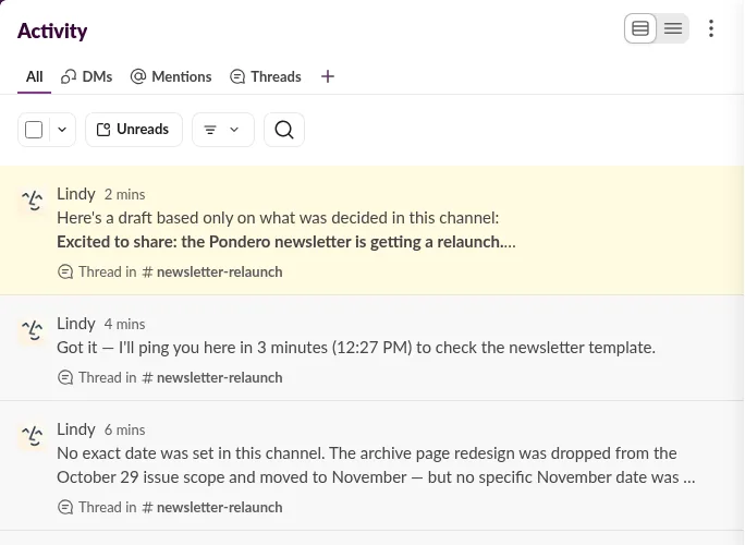 Slack Activity tab listing Lindy replies in #newsletter-relaunch, including "Got it, I'll ping you here in 3 minutes (12:27 PM) to check the newsletter template."