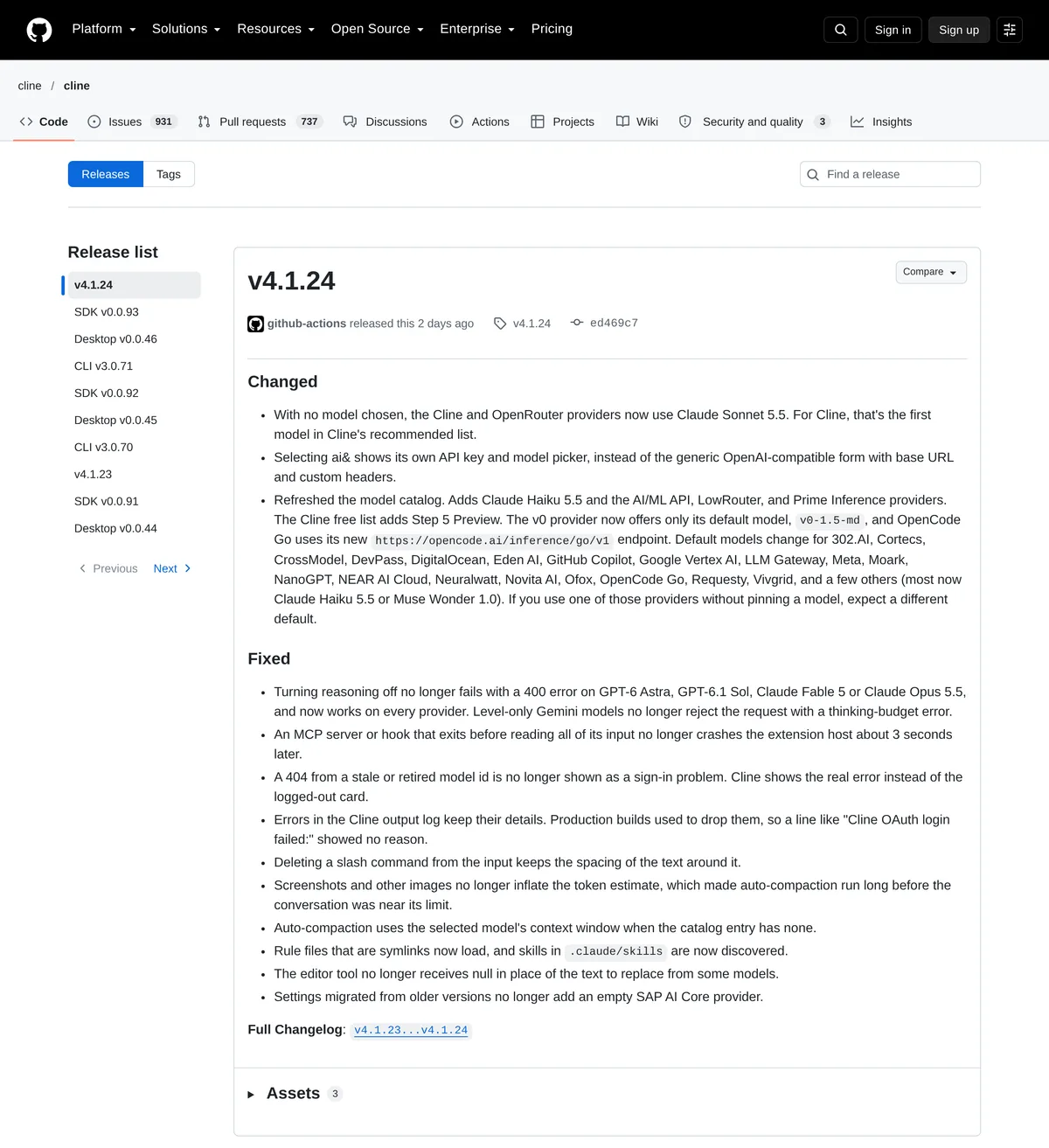 Cline GitHub releases page listing version history