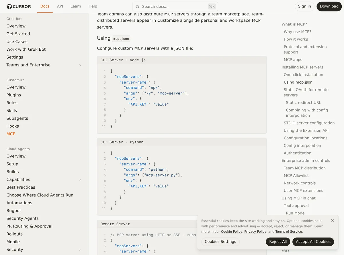 Cursor's MCP docs showing the .cursor/mcp.json config format for connecting an MCP server