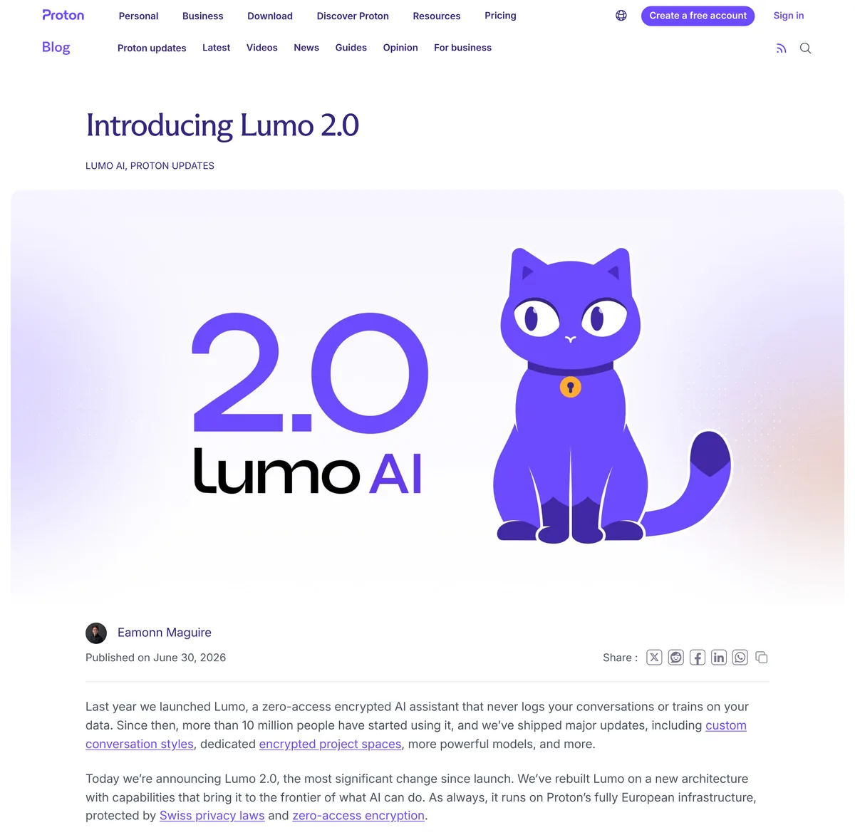 Proton Lumo 2.0 announcement describing multimodal features, image generation, web search, and a doubled context window